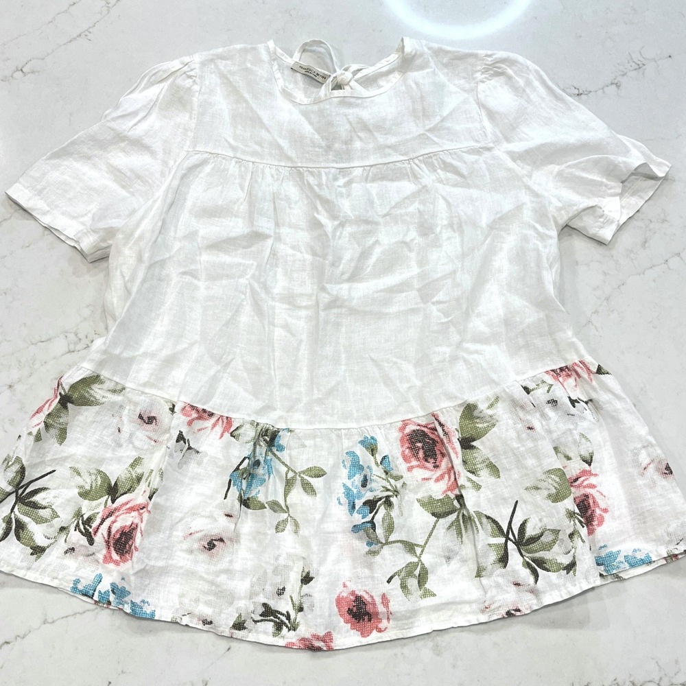 Francesca Bettini Linen Tie Back Floral Shirt Womens XL White Italy Coastal Boho